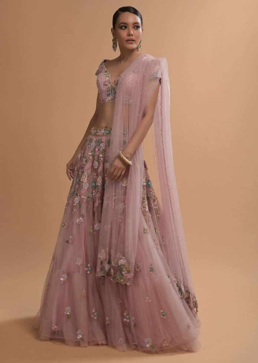 Icy Pink Net Lehenga And Cap Sleeves Crop Top With 3D Flower Cluster And Scattered Buttis