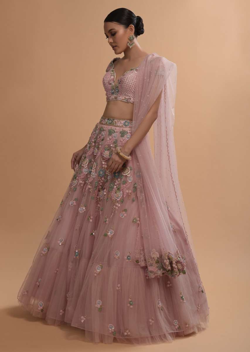 Icy Pink Net Lehenga And Cap Sleeves Crop Top With 3D Flower Cluster And Scattered Buttis