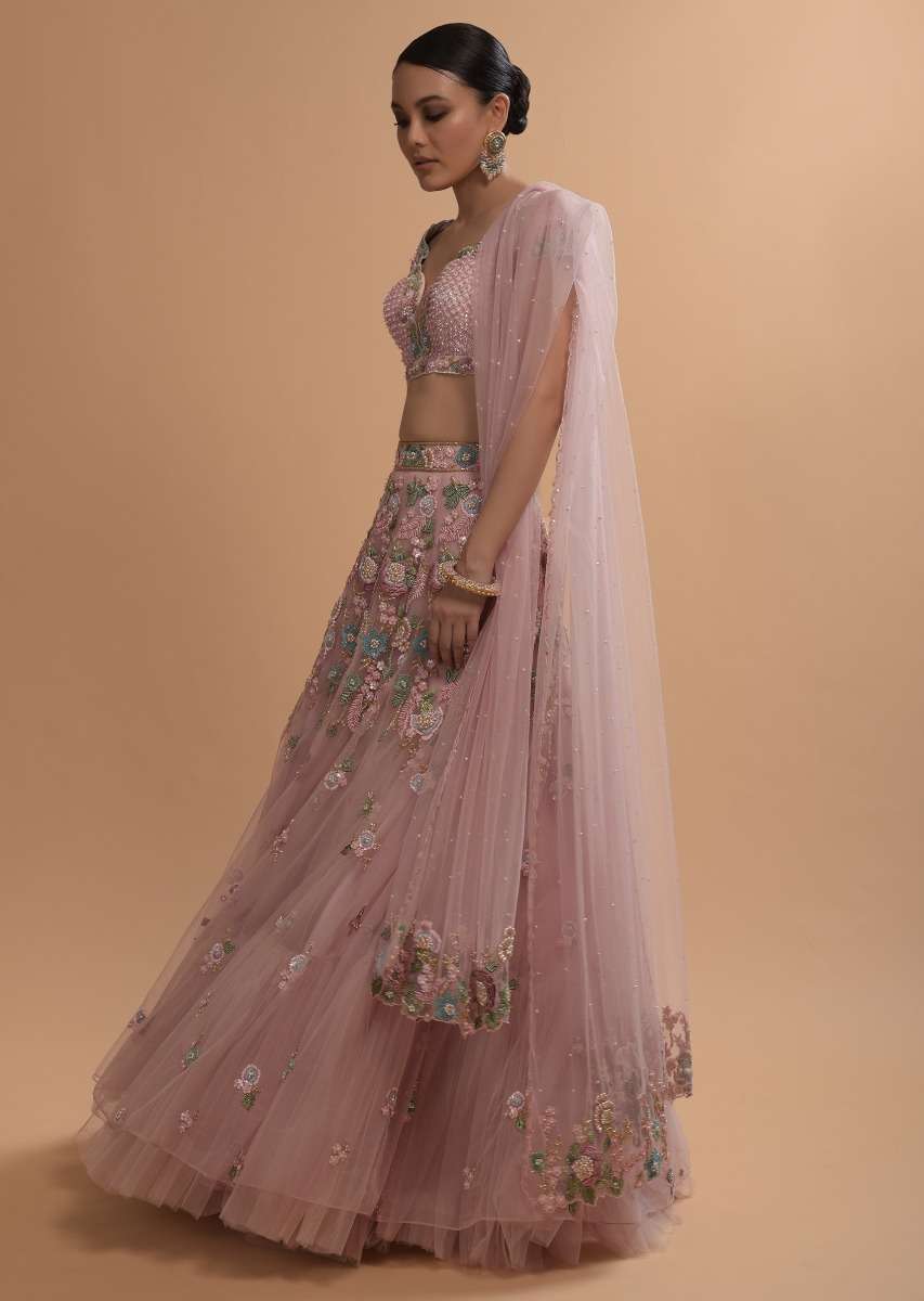 Icy Pink Net Lehenga And Cap Sleeves Crop Top With 3D Flower Cluster And Scattered Buttis