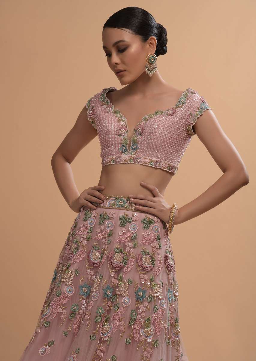 Icy Pink Net Lehenga And Cap Sleeves Crop Top With 3D Flower Cluster And Scattered Buttis