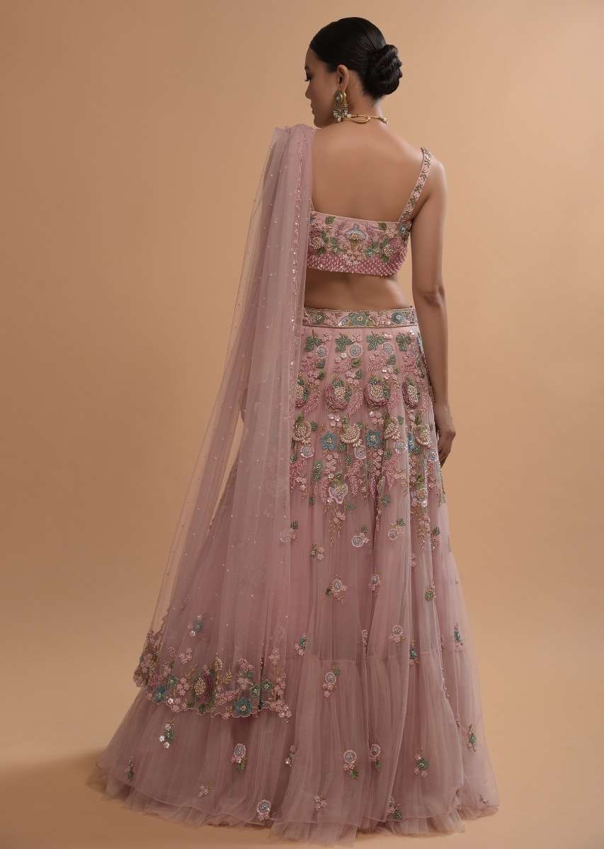 Icy Pink Net Lehenga And Sleeveless Crop Top With 3D Flower Cluster And Scattered Buttis