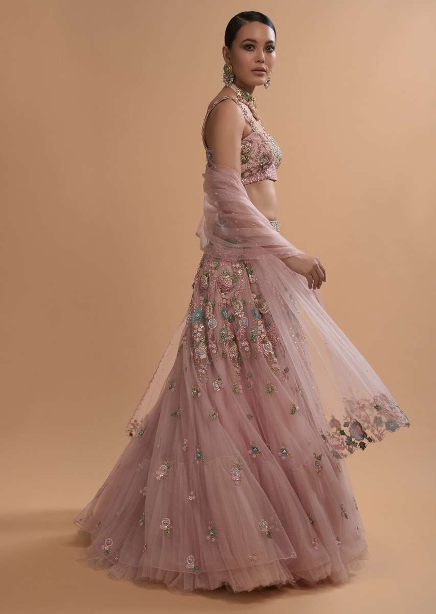 Icy Pink Net Lehenga And Sleeveless Crop Top With 3D Flower Cluster And Scattered Buttis