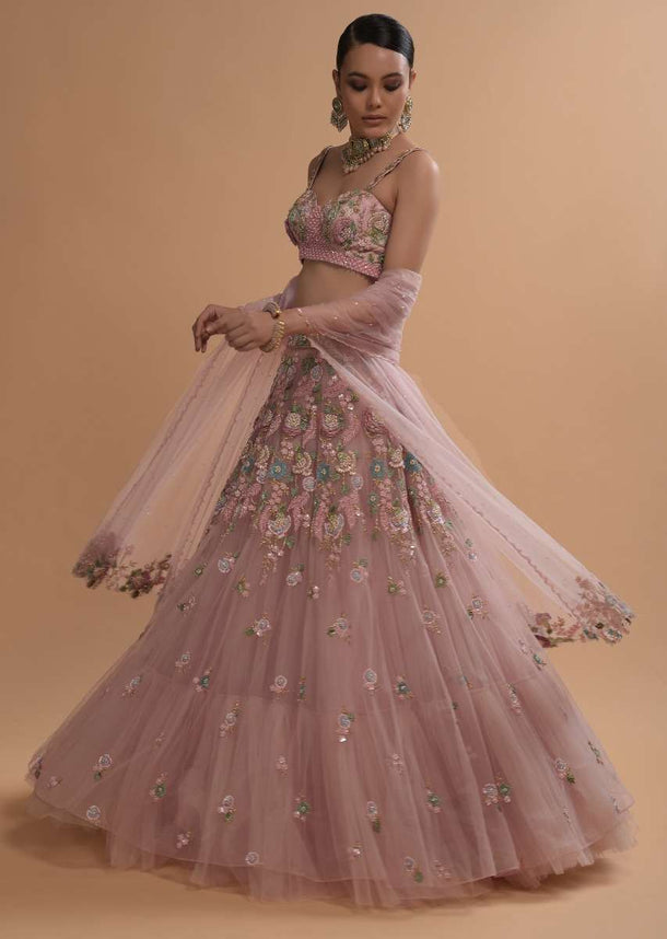 Icy Pink Net Lehenga And Sleeveless Crop Top With 3D Flower Cluster And Scattered Buttis