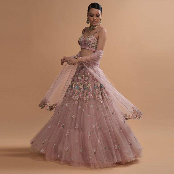 Icy Pink Net Lehenga And Sleeveless Crop Top With 3D Flower Cluster And Scattered Buttis