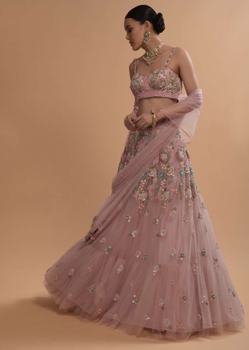 Icy Pink Net Lehenga And Sleeveless Crop Top With 3D Flower Cluster And Scattered Buttis