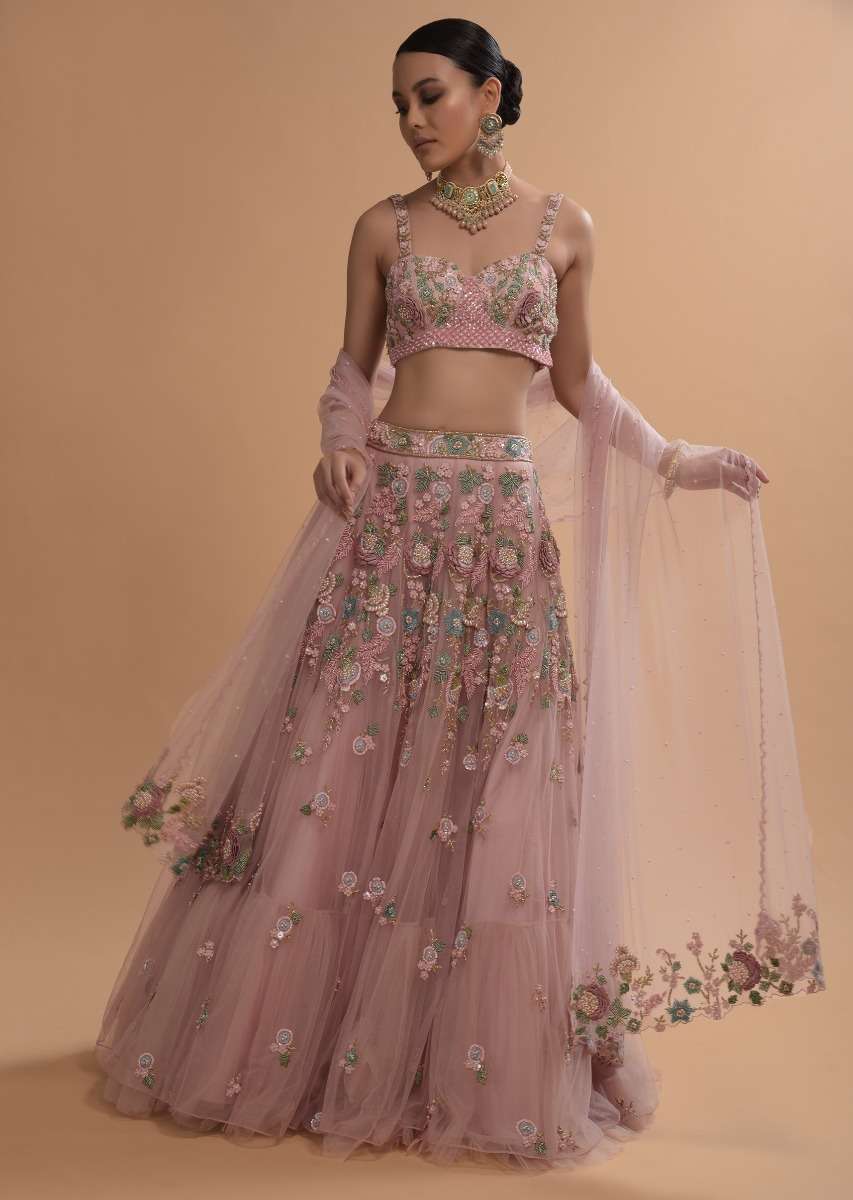 Icy Pink Net Lehenga And Sleeveless Crop Top With 3D Flower Cluster And Scattered Buttis