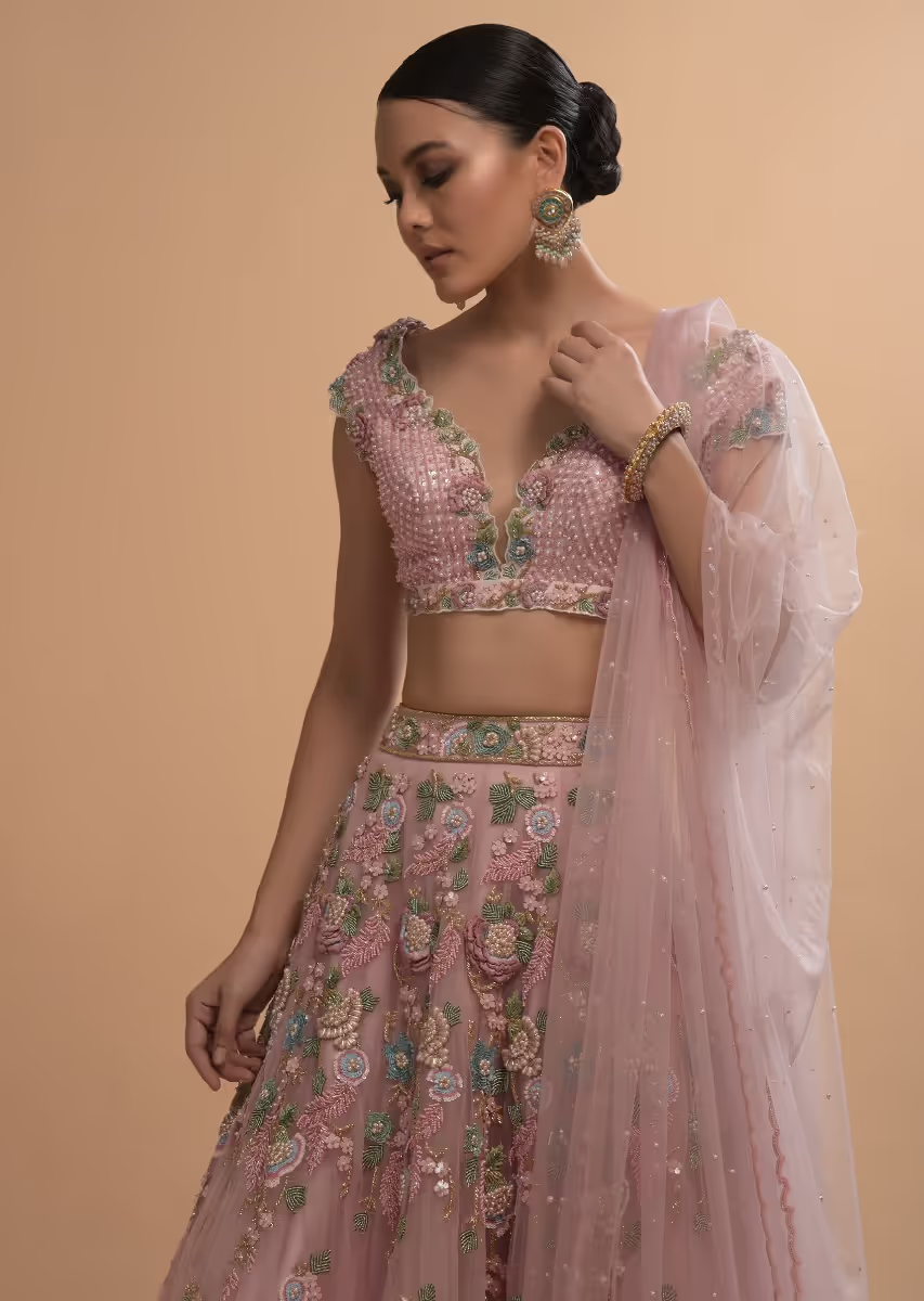 Icy Pink Net Lehenga And Cap Sleeves Crop Top With 3D Flower Cluster And Scattered Buttis