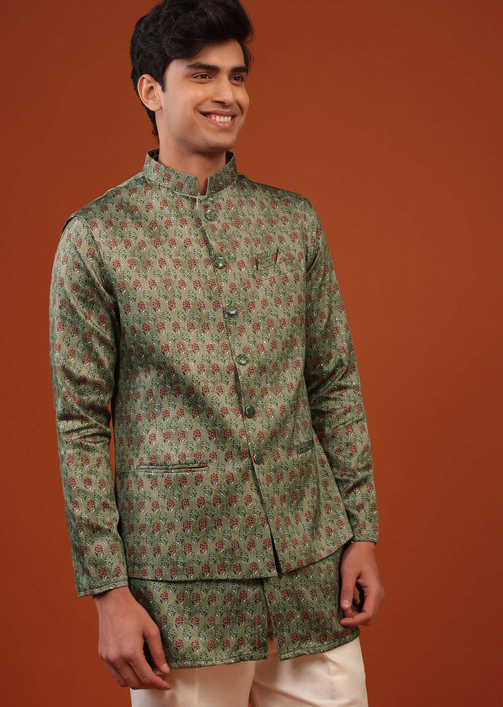 Olive Green Printed Silk Bandi Jacket Set With Sequins
