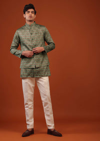 Olive Green Printed Silk Bandi Jacket Set With Sequins