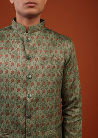 Olive Green Printed Silk Bandi Jacket Set With Sequins