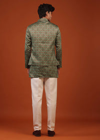 Olive Green Printed Silk Bandi Jacket Set With Sequins