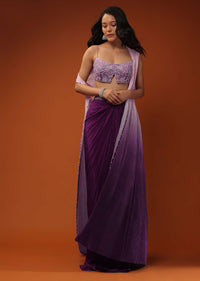 Imperial Purple Dhoti Skirt And A Crop Top In Sequins Embroidery, Paired With A Ombre Extended Jacket In Sleeveless