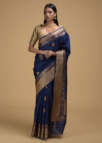 Indigo Blue Pure Handloom Saree In Tussar Silk With Woven Floral Buttis Online - Kalki Fashion