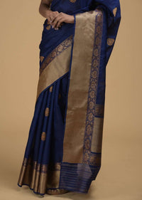 Indigo Blue Pure Handloom Saree In Tussar Silk With Woven Floral Buttis Online - Kalki Fashion