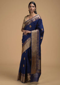 Indigo Blue Pure Handloom Saree In Tussar Silk With Woven Floral Buttis Online - Kalki Fashion