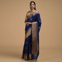 Indigo Blue Pure Handloom Saree In Tussar Silk With Woven Floral Buttis Online - Kalki Fashion