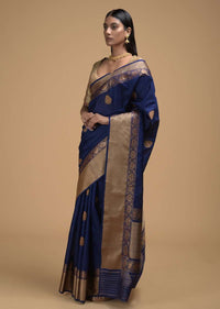 Indigo Blue Pure Handloom Saree In Tussar Silk With Woven Floral Buttis Online - Kalki Fashion