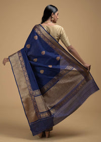 Indigo Blue Pure Handloom Saree In Tussar Silk With Woven Floral Buttis Online - Kalki Fashion