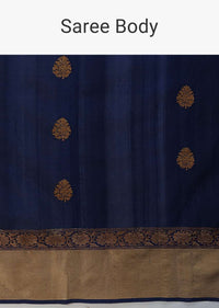 Indigo Blue Pure Handloom Saree In Tussar Silk With Woven Floral Buttis Online - Kalki Fashion