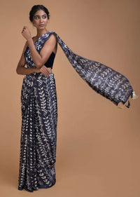 Indigo Blue Saree In Satin Blend With Leaf Print All Over Online - Kalki Fashion