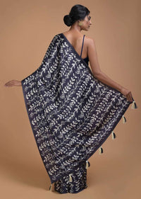 Indigo Blue Saree In Satin Blend With Leaf Print All Over Online - Kalki Fashion