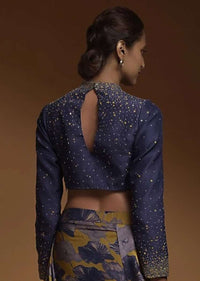 Indigo Crop Top In Silk Blend With Sequins And Beads Work In Gradient Pattern And Full Sleeves