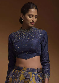 Indigo Crop Top In Silk Blend With Sequins And Beads Work In Gradient Pattern And Full Sleeves