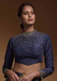 Indigo Crop Top In Silk Blend With Sequins And Beads Work In Gradient Pattern And Full Sleeves