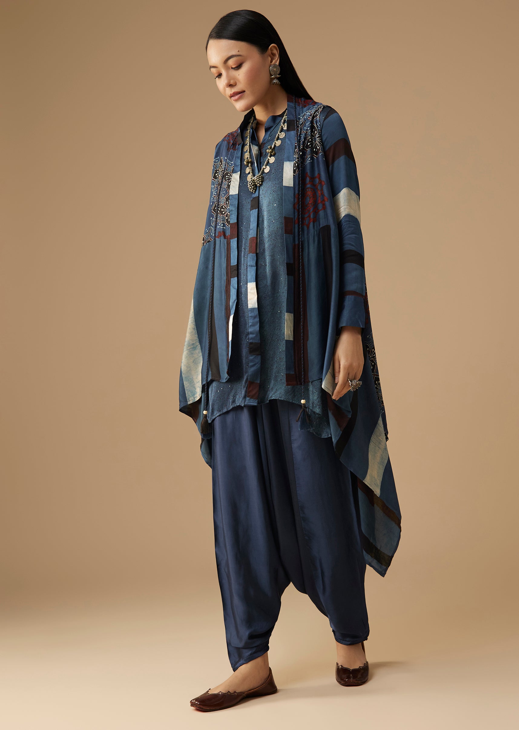 Dark Blue Hand Dyed Boho Print Dhoti Pant Set With Jacket