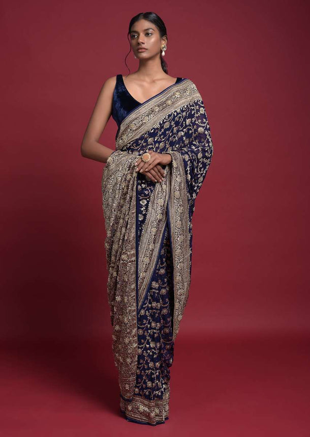 Indigo Saree In Georgette With Weaved Floral Jaal And Embroidery Work Online - Kalki Fashion