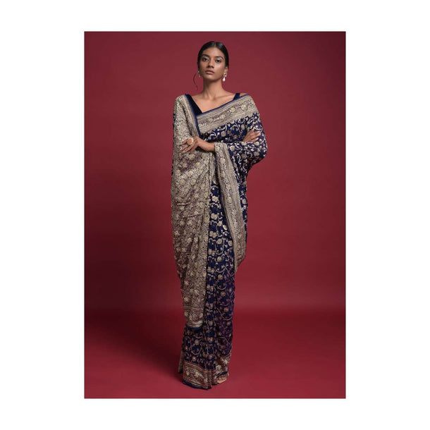 Indigo Saree In Georgette With Weaved Floral Jaal And Embroidery Work Online - Kalki Fashion