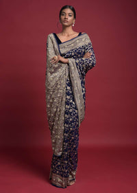 Indigo Saree In Georgette With Weaved Floral Jaal And Embroidery Work Online - Kalki Fashion