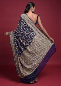 Indigo Saree In Georgette With Weaved Floral Jaal And Embroidery Work Online - Kalki Fashion