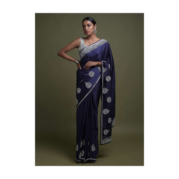 Indigo Saree In Satin Blend With Stone Work In Contemporary Leaf Motifs On The Hemline Online - Kalki Fashion