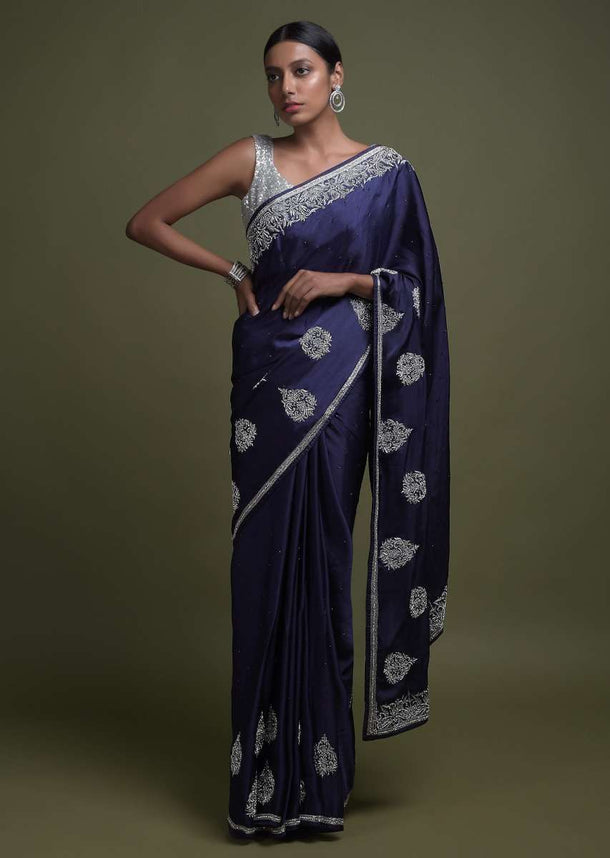 Indigo Saree In Satin Blend With Stone Work In Contemporary Leaf Motifs On The Hemline Online - Kalki Fashion