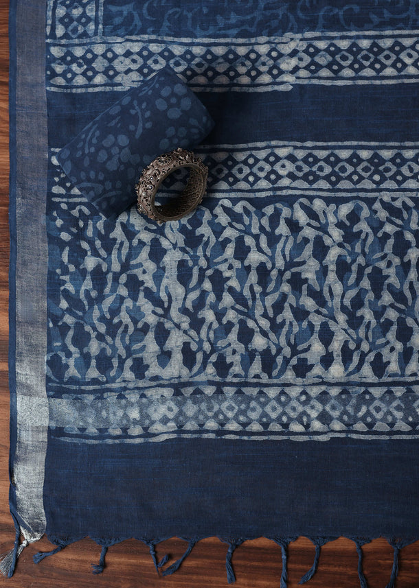 Indigo Blue Cotton Dress Material In Batik Hand Block Print