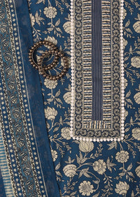 Indigo Blue Cotton Kalamkari Printed Unsticthed Dress Material