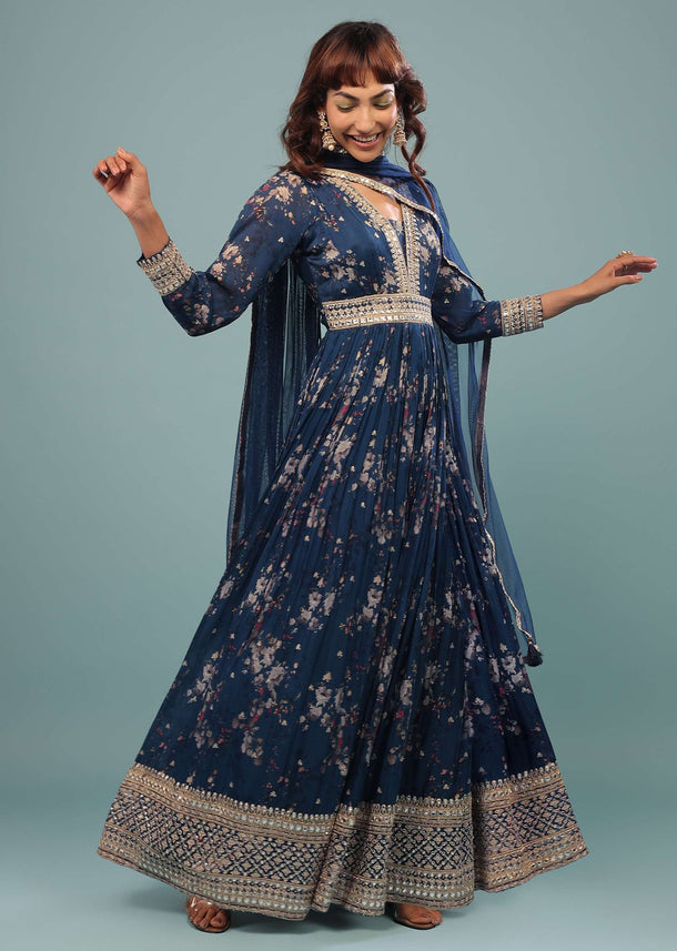 Indigo Blue Embroidered Anarkali Suit With Floral Print In Georgette