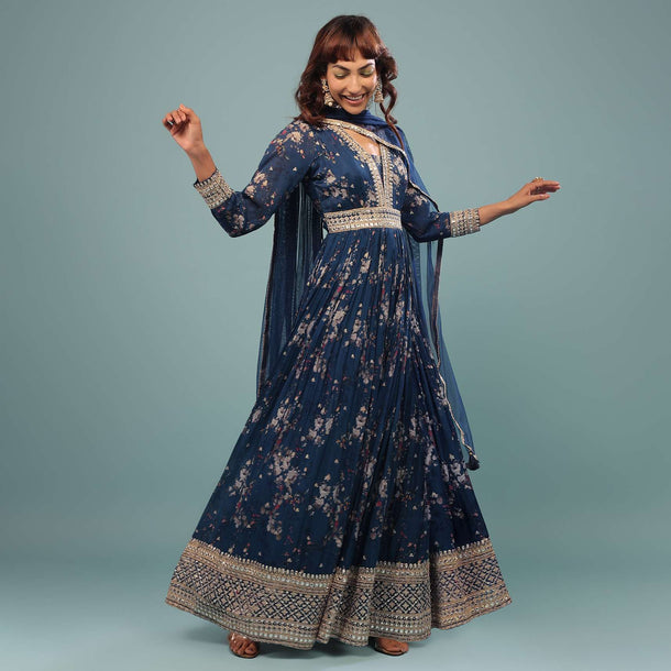 Indigo Blue Embroidered Anarkali Suit With Floral Print In Georgette