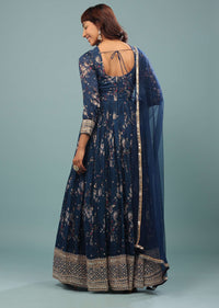 Indigo Blue Embroidered Anarkali Suit With Floral Print In Georgette