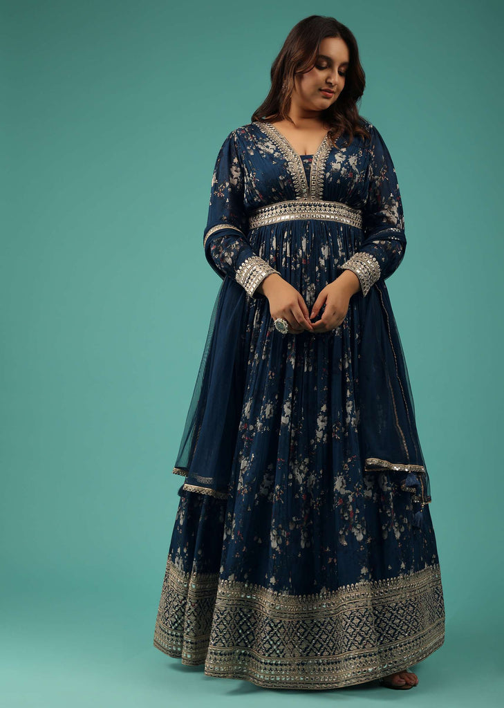 Indigo Blue Embroidered Anarkali Suit In Georgette With Floral Print