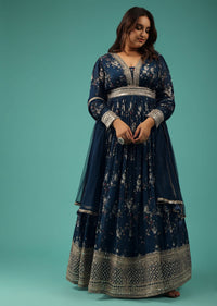 Indigo Blue Embroidered Anarkali Suit With Floral Print In Georgette