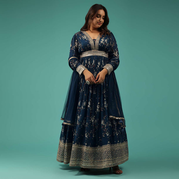 Indigo Blue Embroidered Anarkali Suit In Georgette With Floral Print