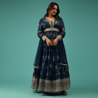 Indigo Blue Embroidered Anarkali Suit With Floral Print In Georgette