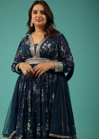 Indigo Blue Embroidered Anarkali Suit With Floral Print In Georgette