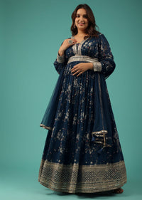 Indigo Blue Embroidered Anarkali Suit With Floral Print In Georgette
