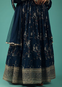 Indigo Blue Embroidered Anarkali Suit With Floral Print In Georgette