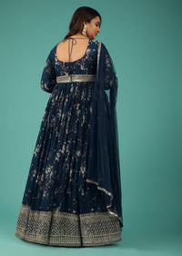 Indigo Blue Embroidered Anarkali Suit With Floral Print In Georgette