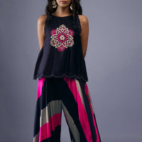 Navy Blue Embroidered Scallop Top With Multicoloured Flared Palazzo In Silk