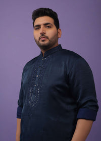 Indigo Blue Festive Kurta In Mini Silk With Lucknowi Embroidery